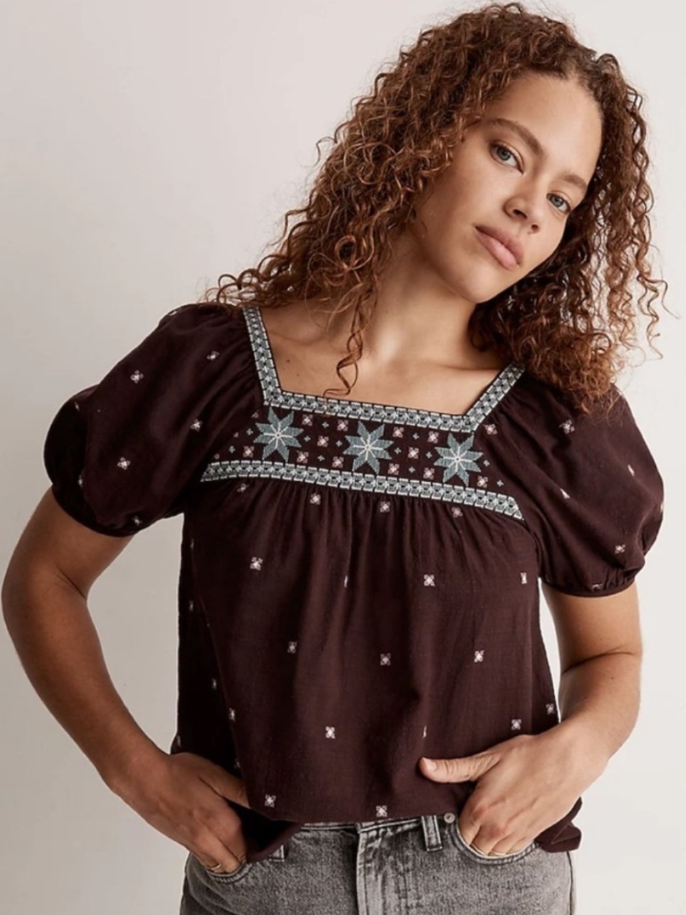 Madewell Embroidered Square-Neck Puff Sleeve Top